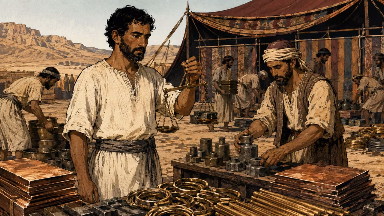 Exodus 38:21-31. An account of the materials. Ithamar and workers weigh metal and count bases beside orderly material piles; no generated ledger text. Bronze Age Exodus setting, not first-century staging. One 16:9 single scene. No text or lettering.