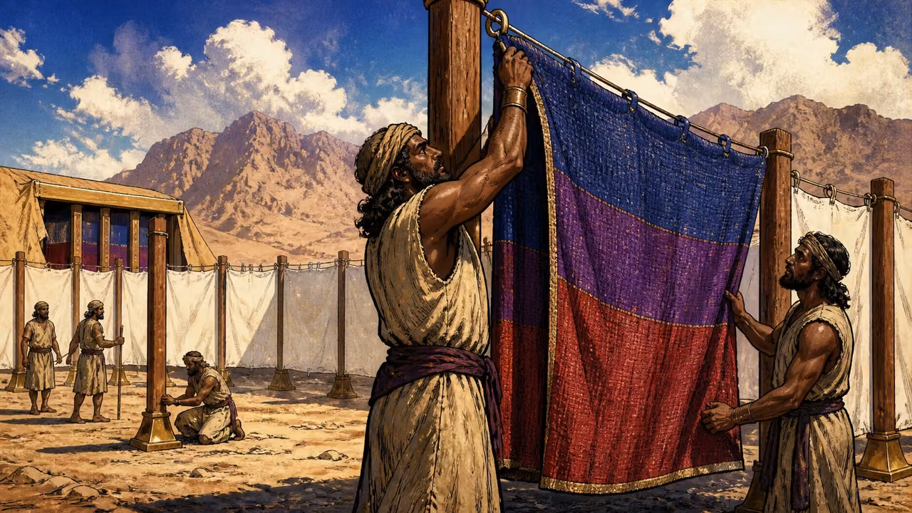 Exodus 38:9-20. The court completed. Workers secure linen courtyard hangings and the colored entrance screen. Bronze Age Exodus setting, not first-century staging. One 16:9 single scene. No text or lettering.