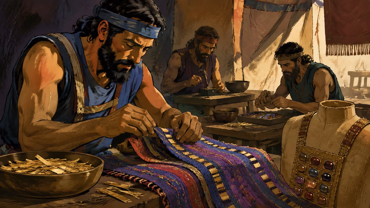 Exodus 39:1-7. Ephod and shoulder stones. Artisans cut thin gold strips and work them into blue purple scarlet weaving. Bronze Age Exodus setting, not first-century staging. One 16:9 single scene. No text or lettering.