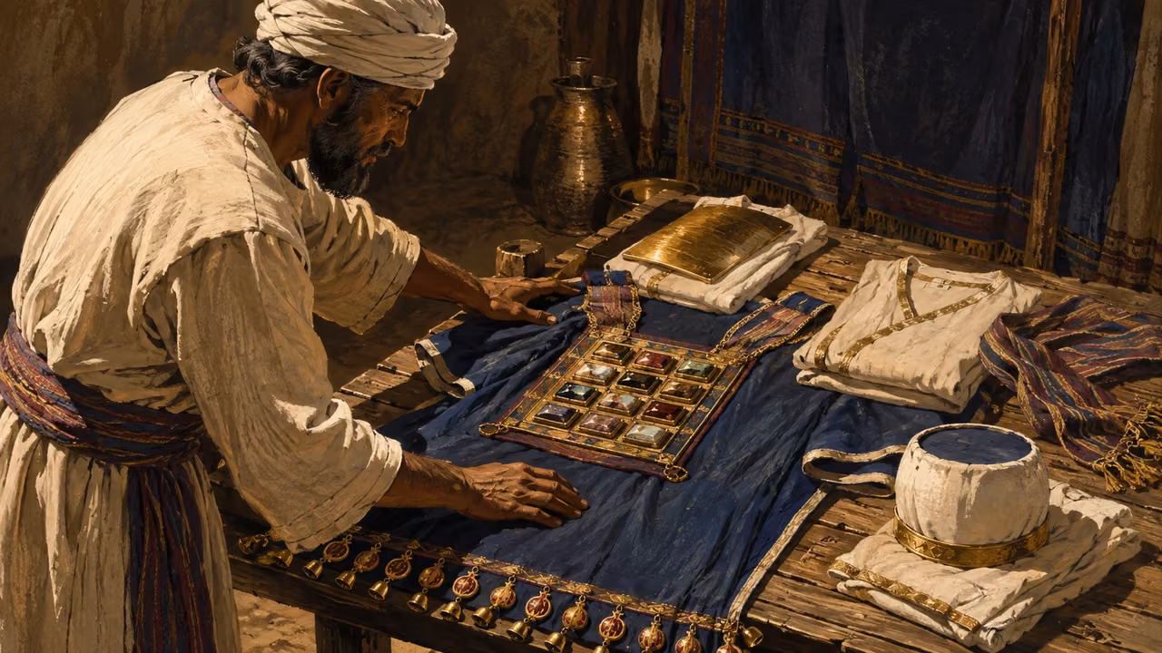 Exodus 39:22-31. Garments completed. Complete priestly garments laid out for inspection, gold plate seen at angle without invented script. Bronze Age Exodus setting, not first-century staging. One 16:9 single scene. No text or lettering.