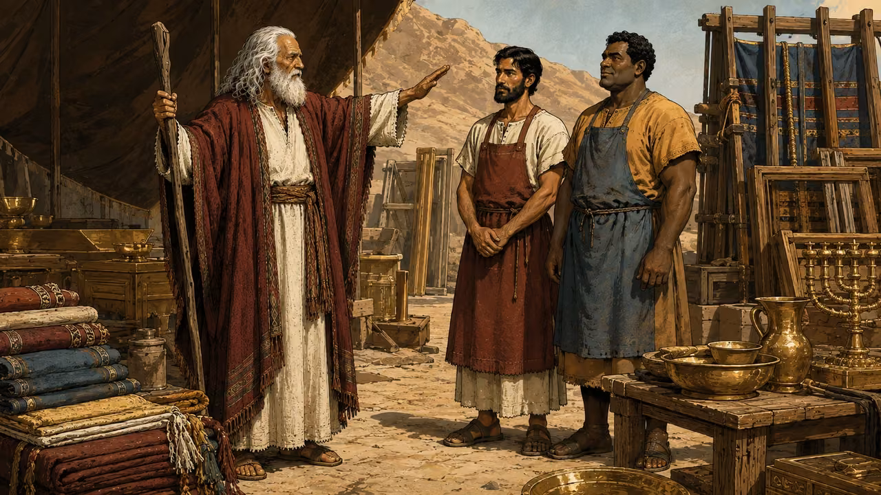 Exodus 39:32-43. Moses blesses the work. Moses inspects finished sanctuary furnishings and blesses the assembled artisans. Bronze Age Exodus setting, not first-century staging. One 16:9 single scene. No text or lettering.