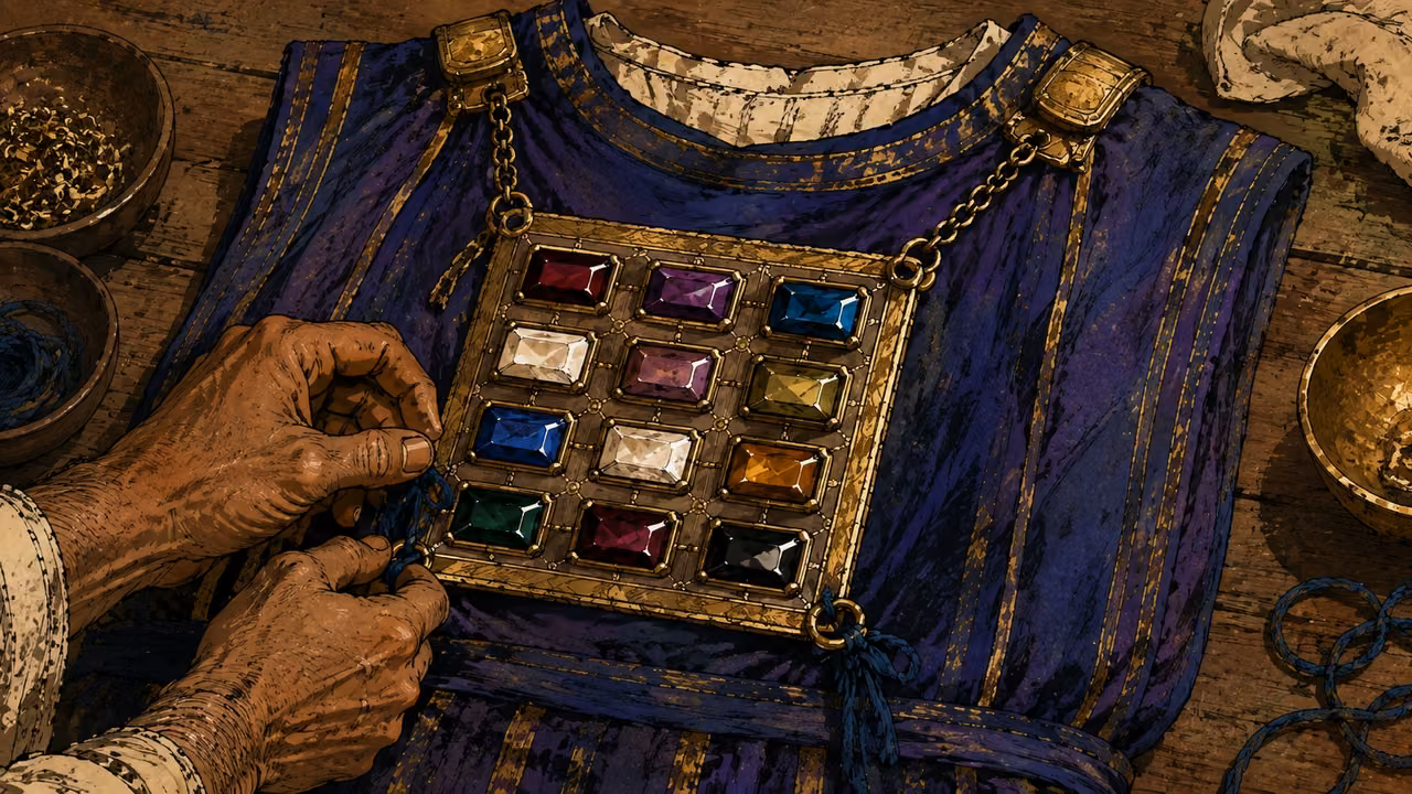 Exodus 39:8-21. The breastpiece completed. Hands secure the twelve-stone breastpiece to the ephod; exact four rows of three. Bronze Age Exodus setting, not first-century staging. One 16:9 single scene. No text or lettering.