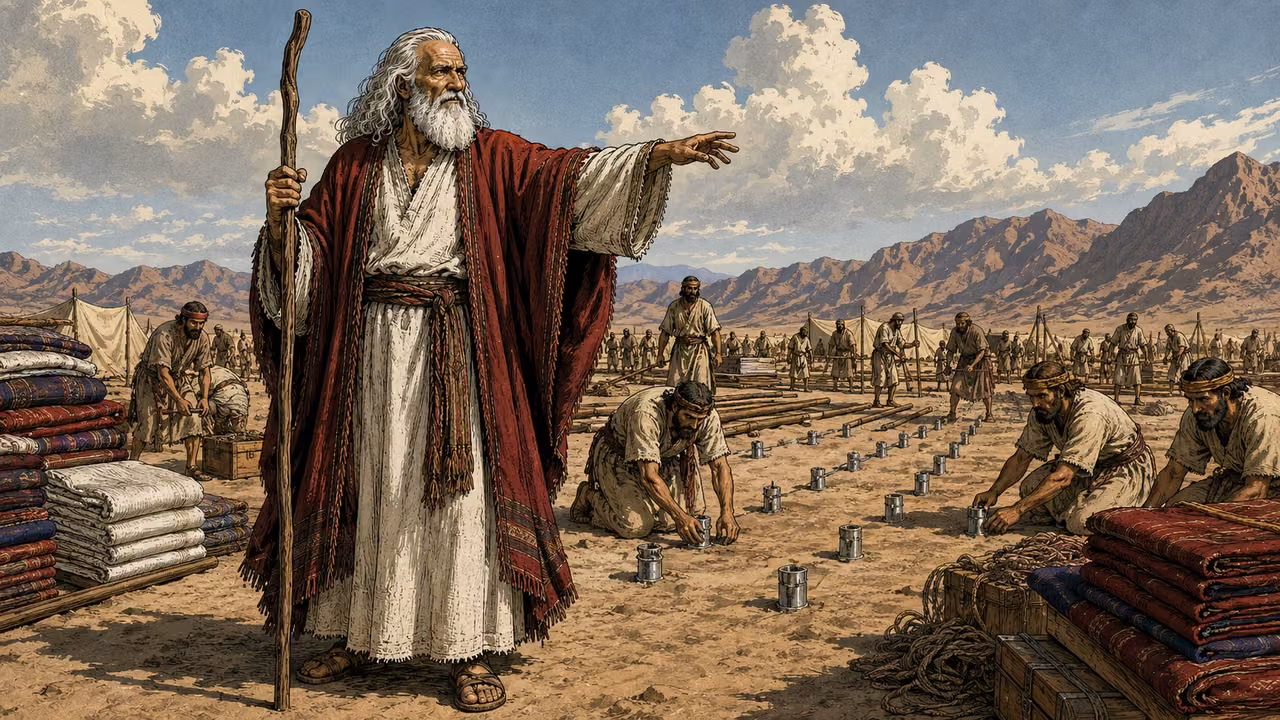 Exodus 40:1-16. Set up the dwelling. Moses and workers prepare the site with ordered furnishings and folded hangings. Bronze Age Exodus setting, not first-century staging. One 16:9 single scene. No text or lettering.