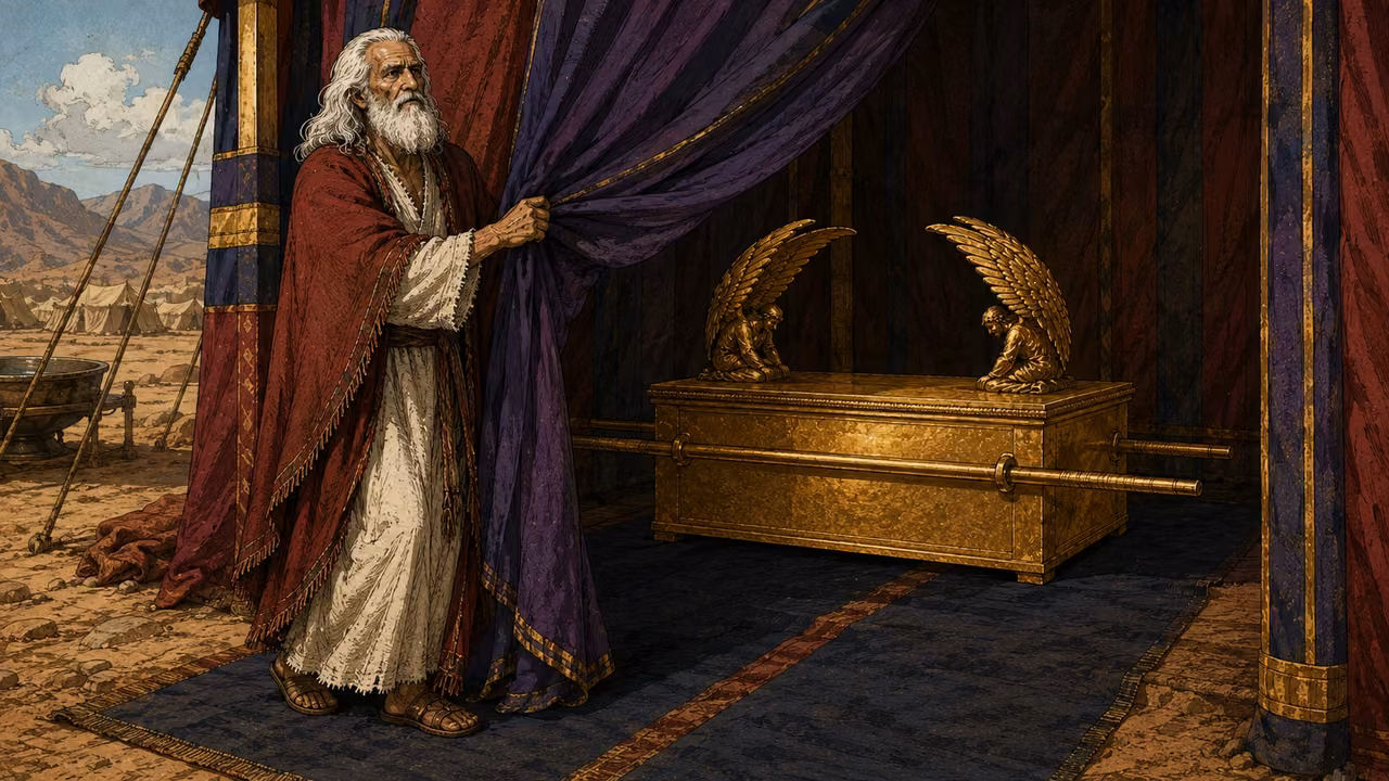 Exodus 40:17-29. The dwelling erected. Moses places the ark behind the veil in newly erected tabernacle; carrying poles retained. Bronze Age Exodus setting, not first-century staging. One 16:9 single scene. No text or lettering.