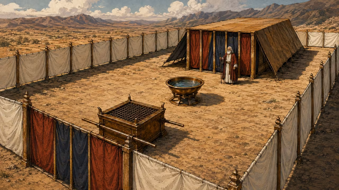 Exodus 40:30-33. The work finished. Wide view of finished courtyard, altar, basin and tent with Moses at entrance. Bronze Age Exodus setting, not first-century staging. One 16:9 single scene. No text or lettering.
