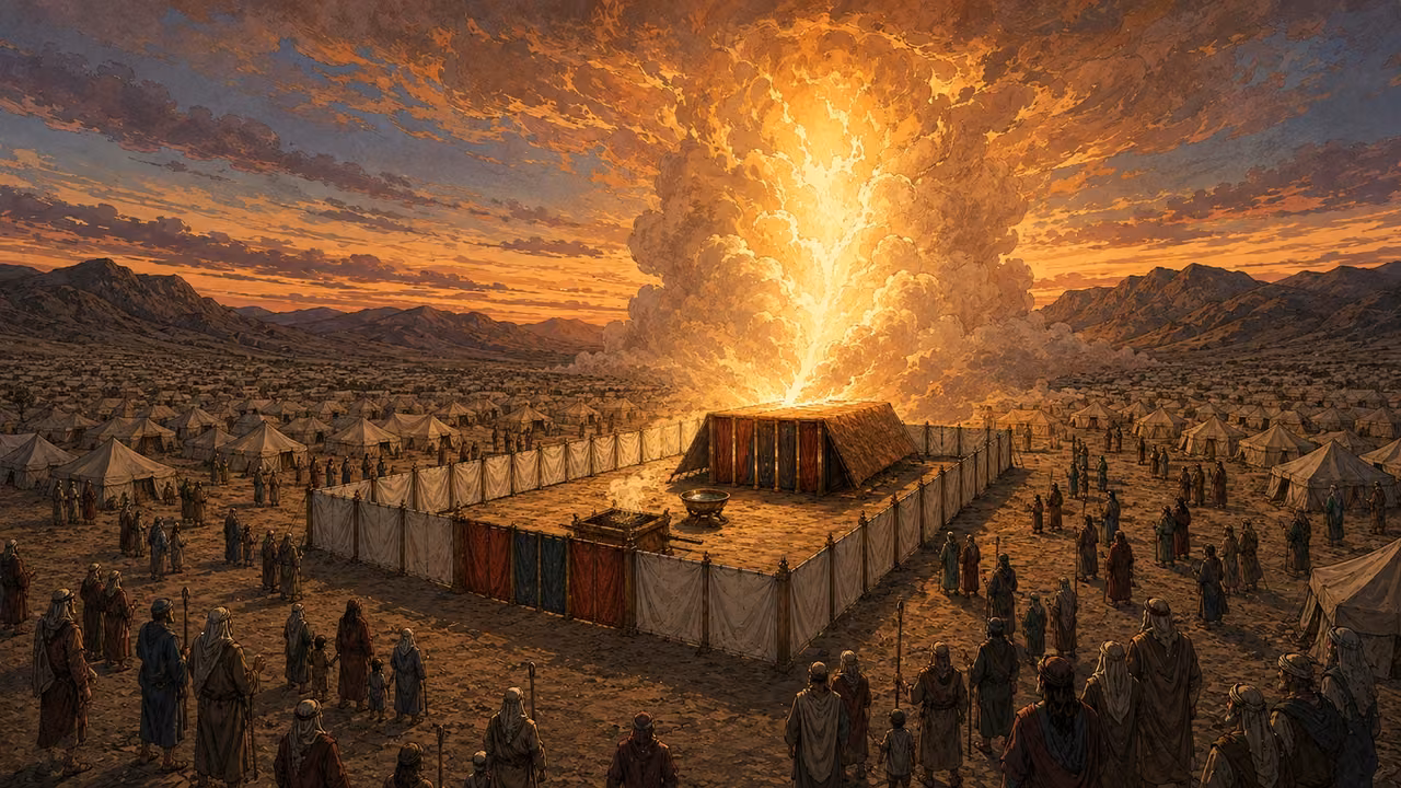 Exodus 40:34-38. Glory fills the dwelling. Final majestic wide scene: completed tabernacle beneath luminous cloud, surrounding Israelite camp, fire glowing within cloud toward evening; people remain outside. Bronze Age Exodus setting, not first-century staging. One 16:9 single scene. No text or lettering.