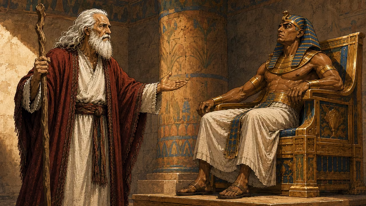 Exodus 9:1-5. A warning for the herds. Moses delivers the livestock plague warning before Pharaoh inside the established Egyptian audience hall. Exactly two main figures. Moses in crimson and cream with long white hair and beard stands at left in three-quarter view, his own gnarled staff upright in one hand, the other making a solemn restrained gesture. Pharaoh in blue-and-gold nemes and white pleated linen sits right listening with a tense skeptical face. Use palace reference architecture only, no Aaron or others copied from it. Medium close encounter framed across the shallow throne platform and a single painted cylindrical column. Natural daylight, quiet warning before the affliction; no dead animals or insects here. Ancient Bronze Age setting, hand-inked gouache, no lettering. Bronze Age Exodus setting, not first-century staging. One 16:9 single scene. No text or lettering.