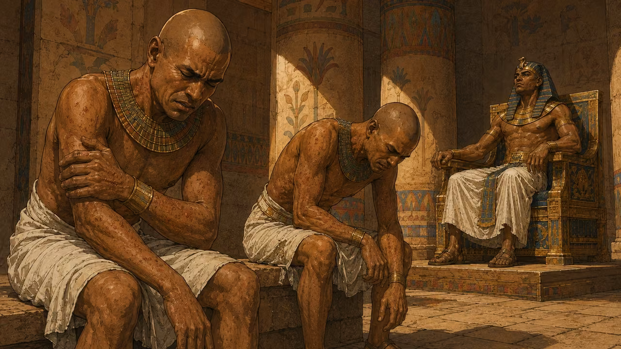 Exodus 9:11-12. Unable to stand. In a shaded side bay of the established Egyptian audience hall, two unnamed Egyptian magicians are unable to stand because of painful boils. They sit low on stone benches at left and center, shaved heads, plain white linen and modest collars, visibly exhausted. One cradles his forearm, the other bends forward with hand on knee. Restrained small raised reddish skin spots on forearms and necks, intact skin, no open sores or blood. Pharaoh in established nemes and white linen sits rigidly on throne in right background. Use palace reference for architecture only, no Moses or Aaron copied from it. Dignified depiction of suffering and refusal, natural anatomy, medium-wide composition, no gnats or flies, no lettering or visible deity. Bronze Age Exodus setting, not first-century staging. One 16:9 single scene. No text or lettering.