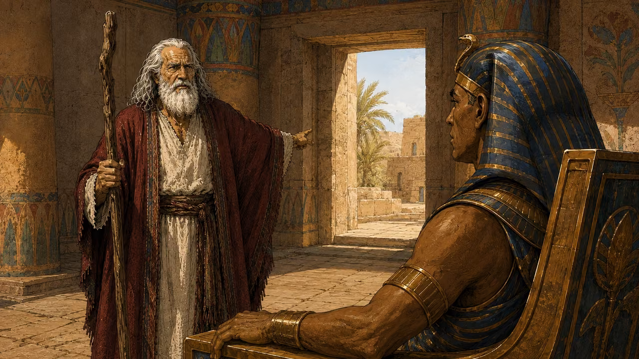 Exodus 9:13-19. Bring them to safety. Morning warning before the hailstorm. In the established Egyptian audience hall, Moses in crimson and cream stands close to the throne platform and speaks solemnly to Pharaoh. Compose from slightly behind Pharaoh right foreground toward the clear three-quarter face of Moses left center, giving this audience a different viewpoint. Pharaoh blue-and-gold nemes recognizable in profile, his hand resting on the throne arm. Moses long white hair and beard, gnarled staff vertical, free hand pointing gently toward an open palace doorway where a pale dry morning is visible. No rain or hail yet. Use reference for painted columns and throne only, exactly two people, no Aaron. Natural light, restrained graphic-novel ink and gouache, no lettering or deity. Bronze Age Exodus setting, not first-century staging. One 16:9 single scene. No text or lettering.