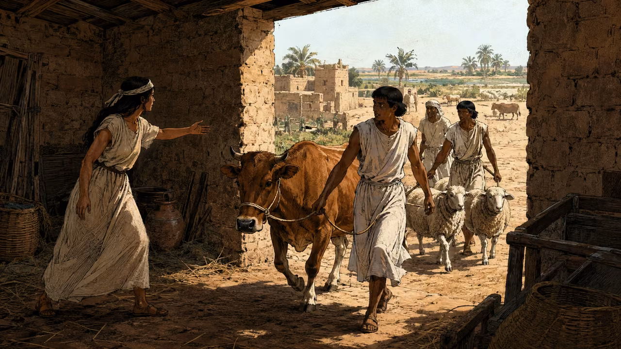 Exodus 9:20-21. Those who heed the warning. Before the hail, an Egyptian household urgently brings servants and livestock under shelter after heeding the warning. A man in plain white linen leads a healthy brown cow by a loose rope halter through a wide mudbrick stable doorway. A woman in a simple undyed linen dress beckons two adult workers inside; another worker ushers a pair of sheep. All fully clothed and ancient Egyptian appearance, no royal jewelry. Wide perspective from just inside the shaded stable looking toward the bright farmyard and distant fields where a few small livestock remain outside. No rain or hail falling yet, no dead animals. Movement and urgency conveyed with natural walking poses, coherent ropes and animal legs. No Moses, Aaron, Pharaoh, modern tools or text. Tactile hand-inked gouache graphic novel. Bronze Age Exodus setting, not first-century staging. One 16:9 single scene. No text or lettering.