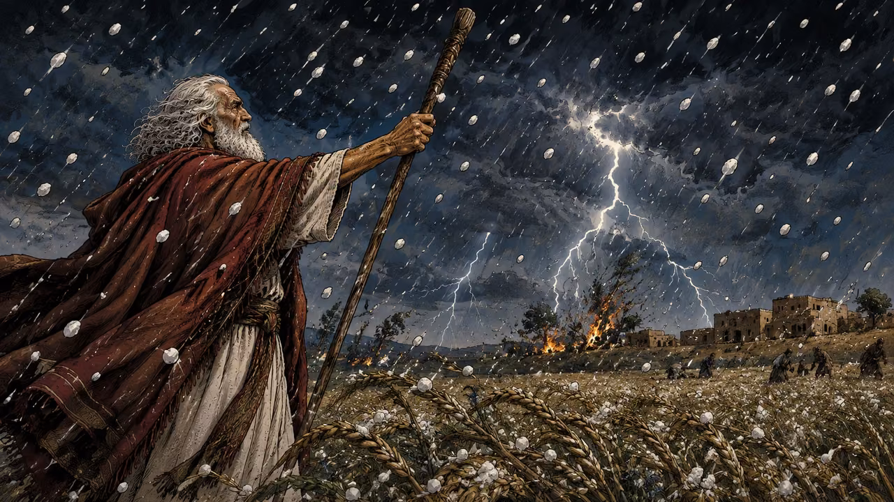Exodus 9:22-26. Hail and fire. Dramatic wide single scene of the hail plague. Moses in left foreground three-quarter profile, matching long white hair and beard, crimson mantle and cream robe, raises his gnarled wooden staff toward a dark storm sky. Heavy natural white hailstones streak down across barley and flax fields, pounding plants and breaking tree branches. Jagged lightning flashes down amid the hail in the middle distance, a few brief fire flashes on distant struck trees, no glowing staff or magical beam. Wind pulls his mantle, natural balanced stance and gripping hand. Low Egyptian mudbrick farm buildings in distance, people only tiny sheltering silhouettes, no graphic injuries. Deep blue-gray storm against muted ochre fields and crimson focal figure, hand-inked gouache texture. No Pharaoh, Aaron, text or visible deity. Bronze Age Exodus setting, not first-century staging. One 16:9 single scene. No text or lettering.