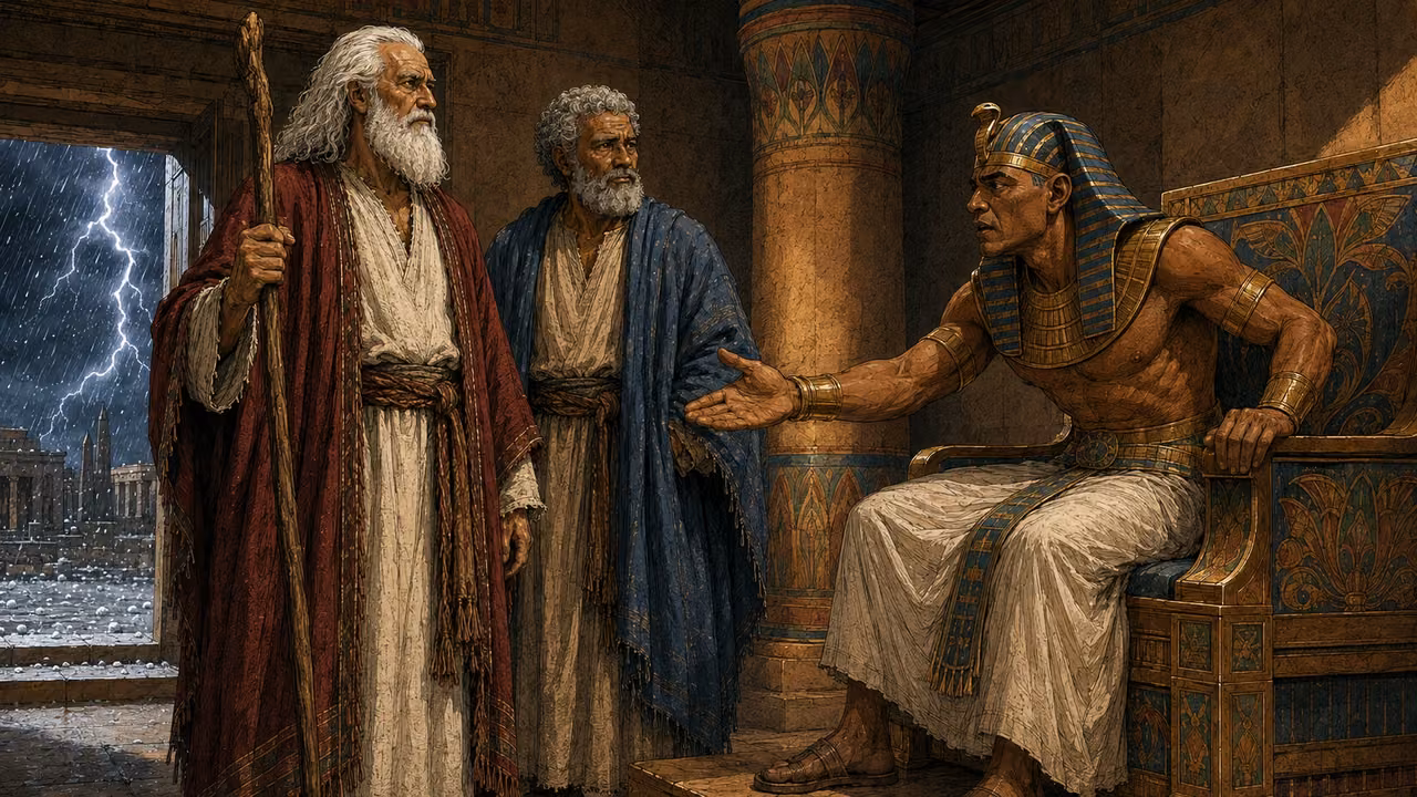 Exodus 9:27-30. I have sinned. During the ongoing hailstorm, Pharaoh urgently appeals to Moses and Aaron inside the established Egyptian audience hall. Three main figures, Pharaoh seated right leans forward with a troubled face and one open hand extended, blue-and-gold nemes and white linen. Moses stands left in crimson and cream, long white hair and beard, gnarled staff held upright, calm but stern. Aaron slightly behind in indigo with short gray curls and rounded beard. Palace doorway in the left background reveals diagonal rain, white hailstones and a distant lightning flash under dark sky; hall interior remains sheltered. Use palace reference architecture only, correct three identities, no extra figures. Contrasting cool storm light and warm muted ochre interior. Natural hands, no captions or visible deity. Bronze Age Exodus setting, not first-century staging. One 16:9 single scene. No text or lettering.