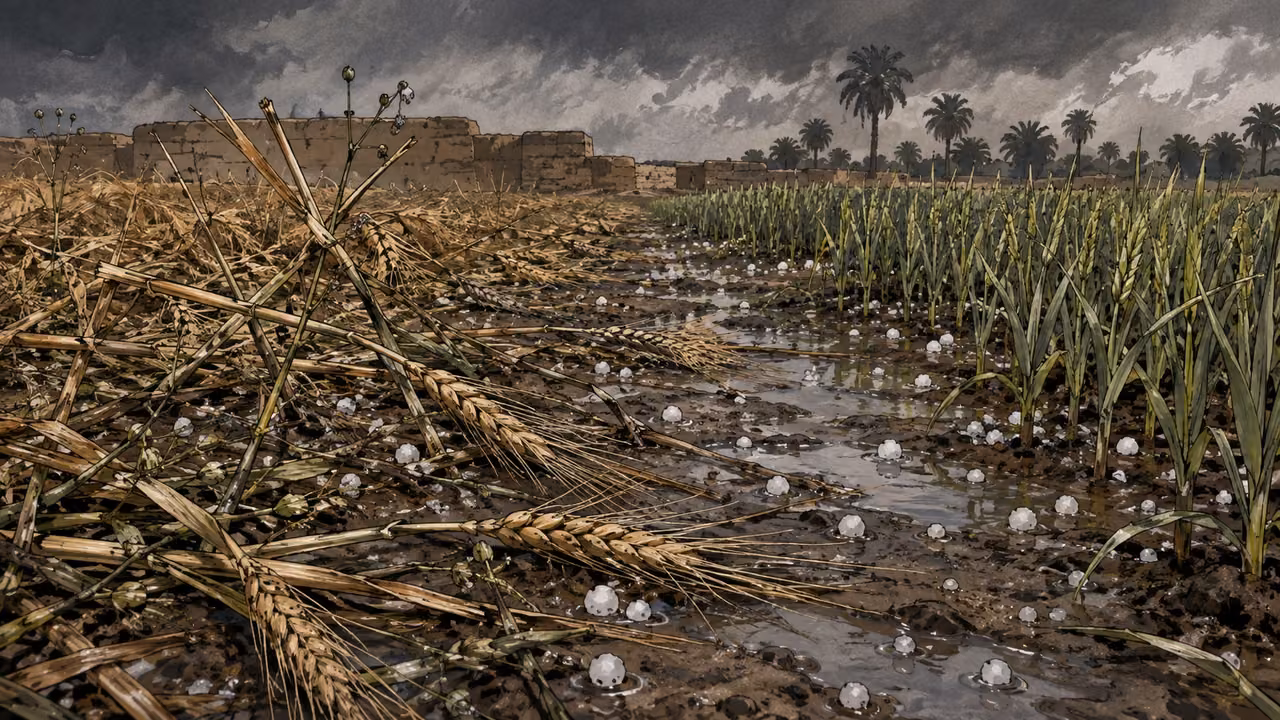 Exodus 9:31-32. The ruined harvest. Ground-level detail of an ancient Egyptian field struck by hail, illustrating the crop distinction. Foreground shattered mature barley stalks with unmistakable long awned grain heads lie flattened in wet soil among snapped slender flax stems bearing tiny buds. At right and farther back, a neighboring patch of low flexible green young wheat and spelt shoots remains upright, not mature golden heads. Small white hailstones lie in muddy puddles, gray storm light, a blurred low mudbrick farm wall and palms in the far distance. Botanical forms legible, quiet documentary detail in the same hand-inked painterly gouache graphic-novel style. No people, labels, text, modern equipment, locusts or extra plagues. Bronze Age Exodus setting, not first-century staging. One 16:9 single scene. No text or lettering.