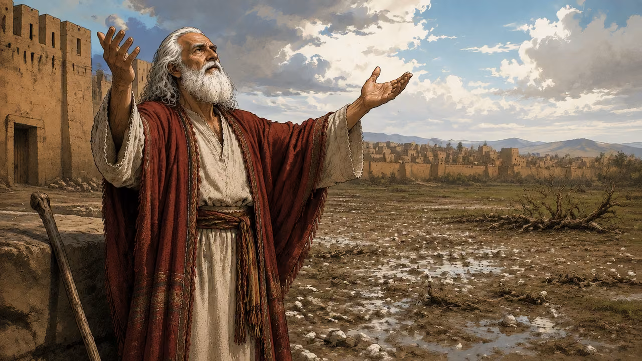 Exodus 9:33-33. Beyond the city. Outside the ancient Egyptian city, Moses spreads BOTH empty hands toward the sky in prayer as thunder, hail and rain cease. Full three-quarter figure facing right, long white hair and beard, crimson mantle and cream robe consistent reference. Both arms lifted naturally with open palms, his gnarled staff rests visibly against a low stone beside him so his hands are free. Mudbrick city wall and gate behind left, hailstones and puddles remain on the ground, broken branches in field. Cloud cover opens gently to ordinary daylight, no more falling rain or hail, no lightning, no supernatural shaft or visible deity. Quiet decisive end of storm, natural hands with five fingers each, balanced anatomy, tactile hand-inked gouache. No Aaron, Pharaoh, captions or lettering. Bronze Age Exodus setting, not first-century staging. One 16:9 single scene. No text or lettering.
