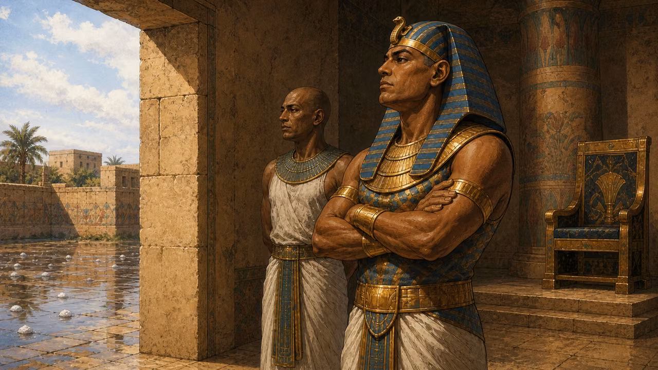 Exodus 9:34-35. A heart still hardened. After the hail and rain have ceased, Pharaoh and one unnamed Egyptian court official stand at an open side doorway of the established ochre audience hall, looking toward the quiet wet courtyard. Pharaoh foreground right in blue-and-gold nemes, gold collar and white pleated linen, stern profile, arms folded naturally in renewed refusal. Official left behind him has a shaved head, a narrow modest collar and plain white linen, serious closed expression, no royal headdress. Through the opening, still puddles and a few melting hailstones under ordinary clearing daylight, absolutely no falling rain, hail or lightning. Egyptian cylindrical painted column and dark throne partially visible inside for continuity. Use palace reference architecture only, no Moses or Aaron. Medium composition with emotional focus on Pharaoh, no text or visible deity. Bronze Age Exodus setting, not first-century staging. One 16:9 single scene. No text or lettering.