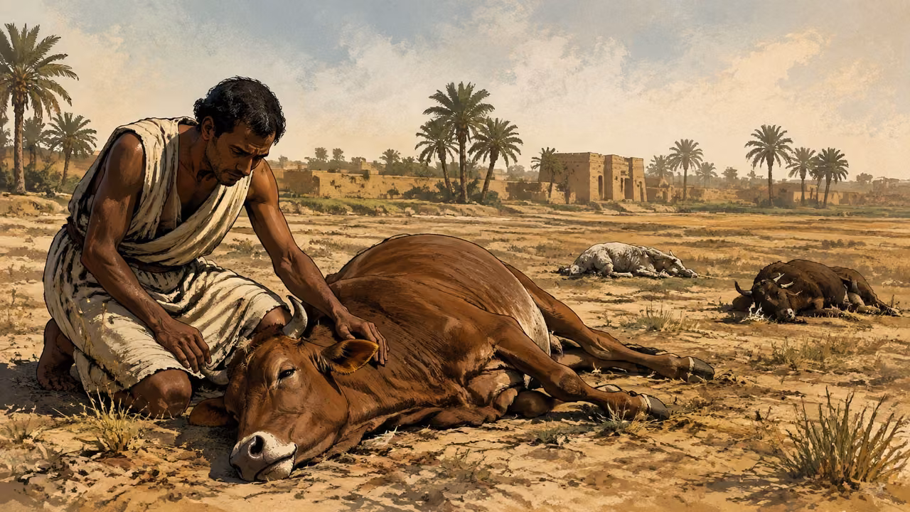 Exodus 9:6-6. The fallen herds. Quiet tragic aftermath of the livestock plague in an ancient Egyptian pasture. An unnamed Egyptian herdsman with deep brown skin, short dark hair and simple worn white linen kneels beside a dead brown cow lying naturally on its side. His hand rests gently on the animal neck, face showing grief. Two more fallen small livestock are visible farther away among sparse grass and sandy soil. No blood, wounds, decay or dramatic violence. Palm trees and low mudbrick agricultural buildings in hazy distance, pale daylight. Low intimate viewpoint, dignified natural human and animal anatomy, hand-inked graphic novel gouache and tactile grain, no Pharaoh, Moses, Aaron, lettering or modern objects. Bronze Age Exodus setting, not first-century staging. One 16:9 single scene. No text or lettering.