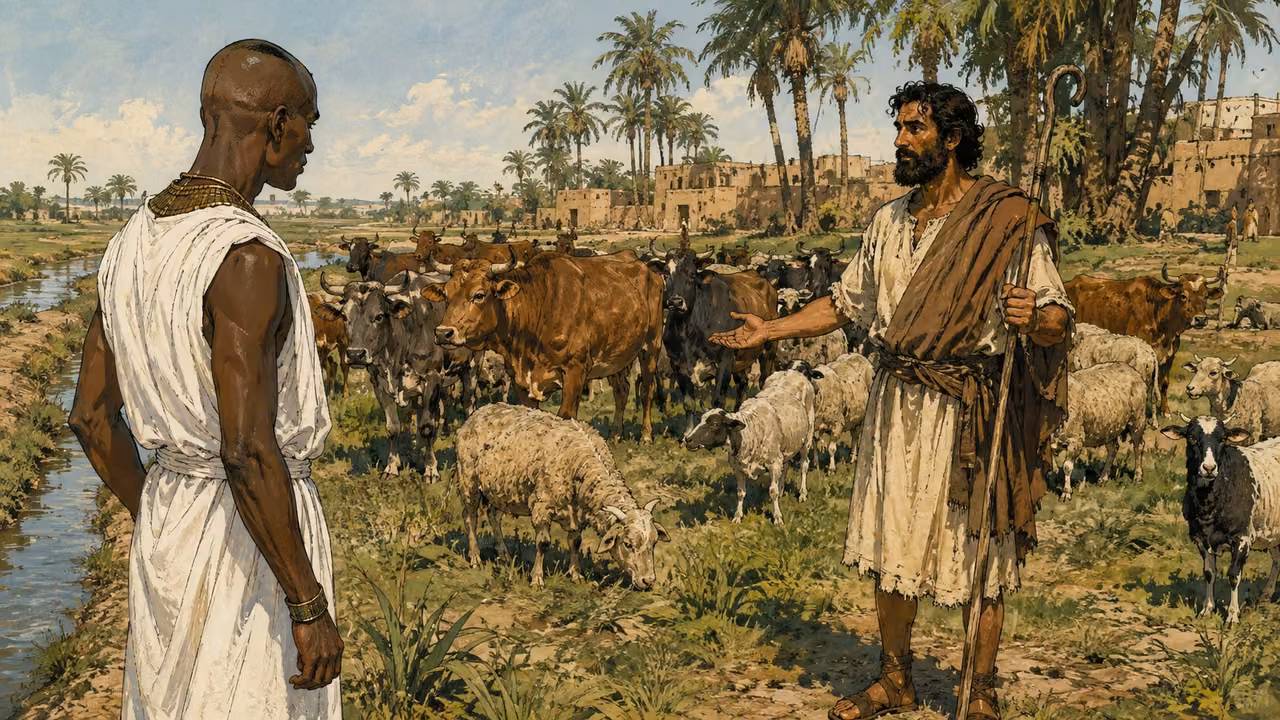Exodus 9:7-7. Not one had died. An unnamed Egyptian messenger sent to investigate stands at the edge of a living Israelite herd in Goshen. Messenger on left, deep brown skin and shaved head, plain clean white linen with a modest narrow bronze collar and simple sandals, no nemes or royal regalia. A bearded Hebrew herdsman on right in rough undyed tunic and muted brown shoulder cloth holds a wooden crook and gestures calmly toward healthy standing cattle and grazing sheep. The messenger studies the animals in surprise. Green-brown pasture, irrigation ditch, palms and low mudbrick huts, ordinary warm daylight. Every animal visibly alive and healthy, no dead animals, magic or glowing boundary. Dignified medium-wide composition, natural anatomy, hand-inked tactile gouache, no text. Bronze Age Exodus setting, not first-century staging. One 16:9 single scene. No text or lettering.