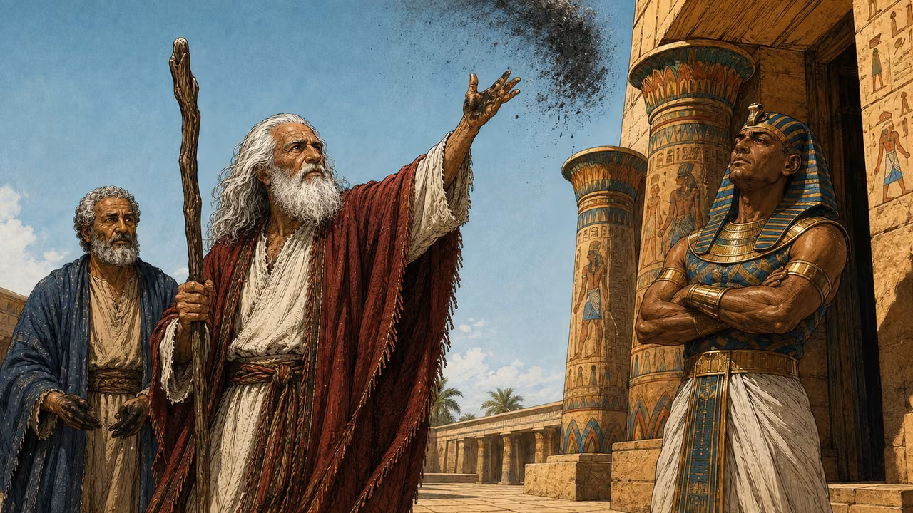 Exodus 9:8-10. Soot toward heaven. In an open Egyptian palace courtyard, Moses throws a small handful of soot from a furnace upward toward the sky before Pharaoh. Moses is the focal actor at center-left, long white hair and beard, crimson mantle and cream robe; one hand just released a loose dark charcoal-gray dust cloud above his head, other hand holds gnarled staff. No glowing magic, flames or explosion. Aaron in indigo, short gray curls and rounded beard stands behind Moses with soot-darkened hands held low. Pharaoh in blue-and-gold nemes and white linen stands at the shaded ochre doorway right, visibly watching the upward soot. Exactly three main figures, open sky above, cylindrical painted Egyptian columns. Natural throwing pose and fingers, no visible deity or text. Early affliction moment, do not show graphic lesions. Bronze Age Exodus setting, not first-century staging. One 16:9 single scene. No text or lettering.
