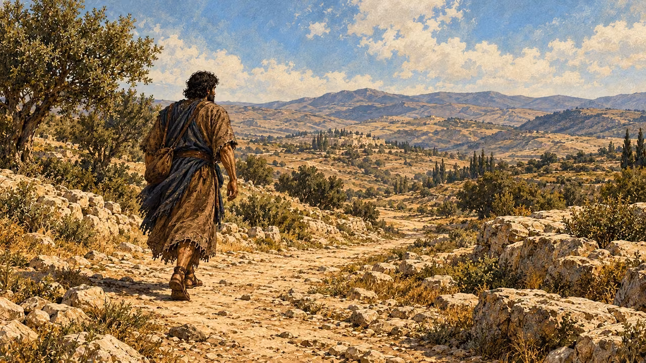 Jacob travels alone along the road into the eastern country.
