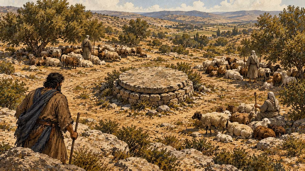 Jacob observes three resting flocks near a well closed by a large stone.