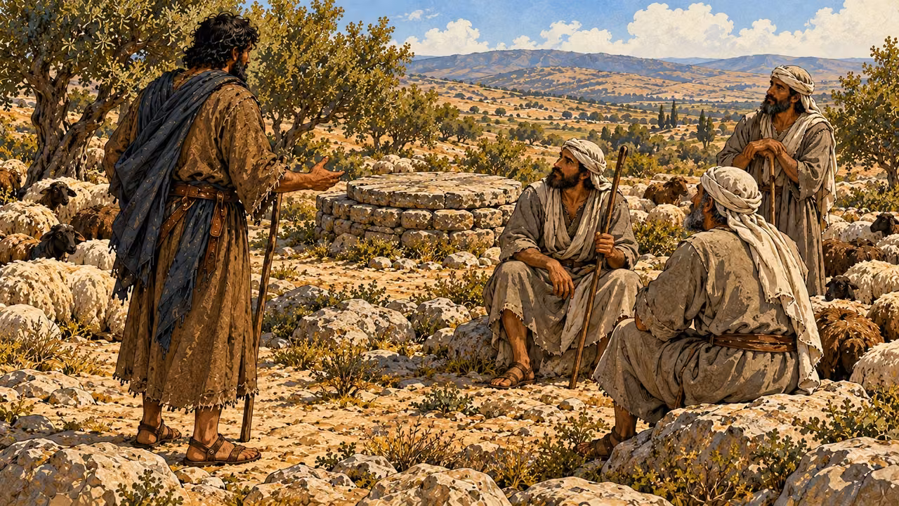 Jacob addresses the shepherds gathered beside the covered well.