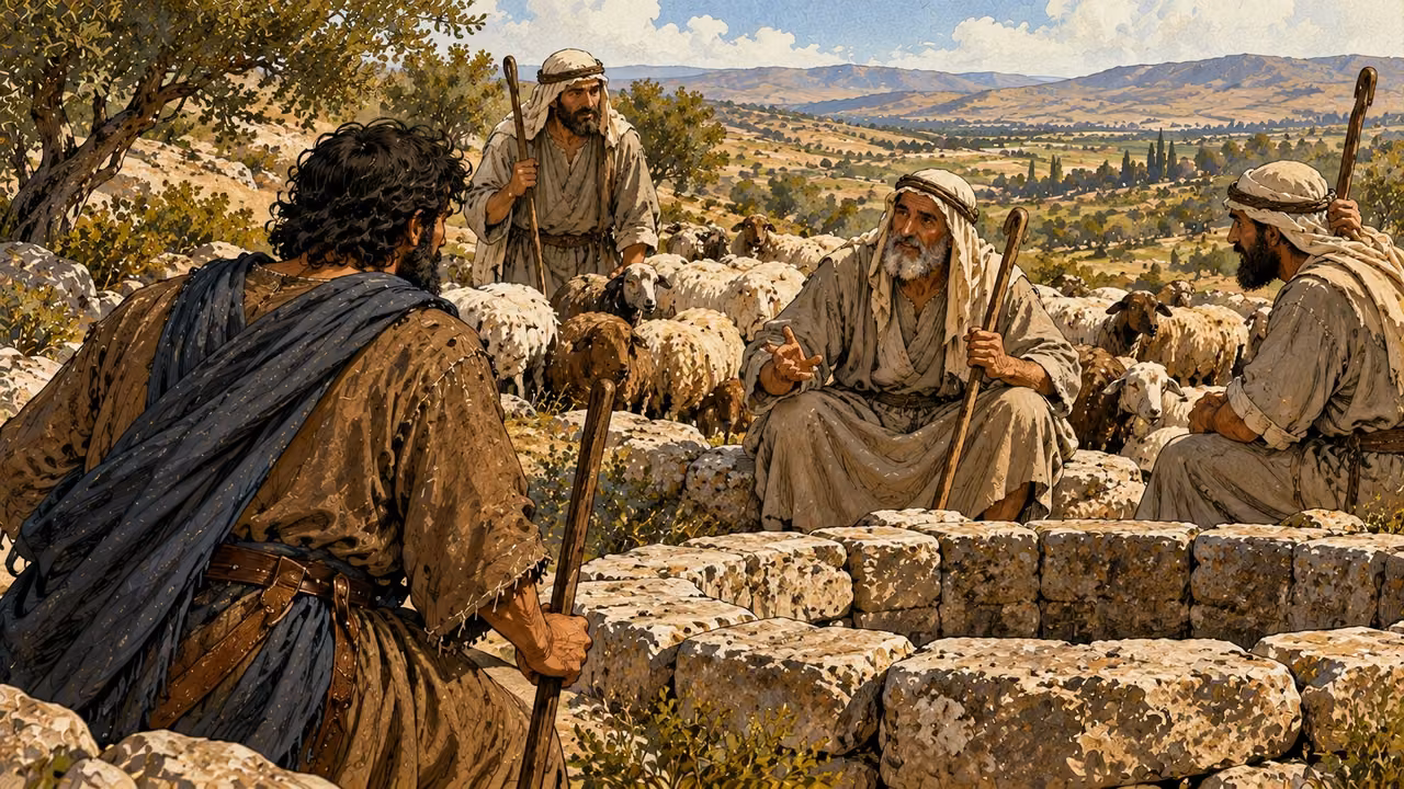 An older shepherd answers Jacob’s question about Laban.