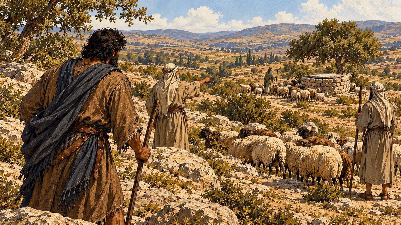 A shepherd points out Rachel approaching with her father’s flock.
