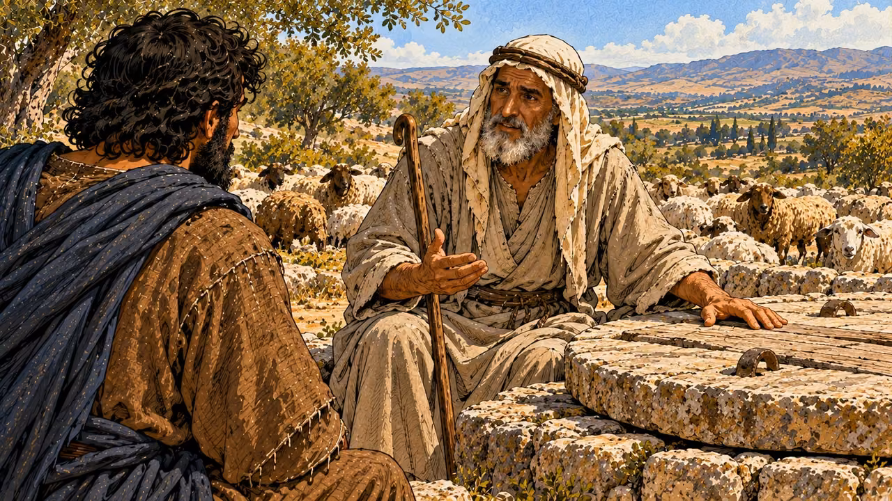 A shepherd explains the waiting custom with a hand on the covered well.