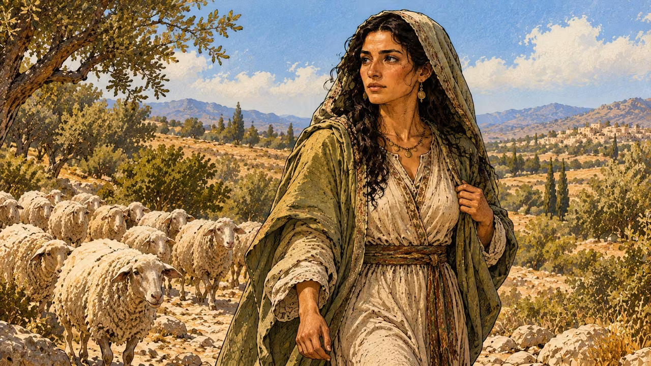 Rachel approaches with her father’s sheep.