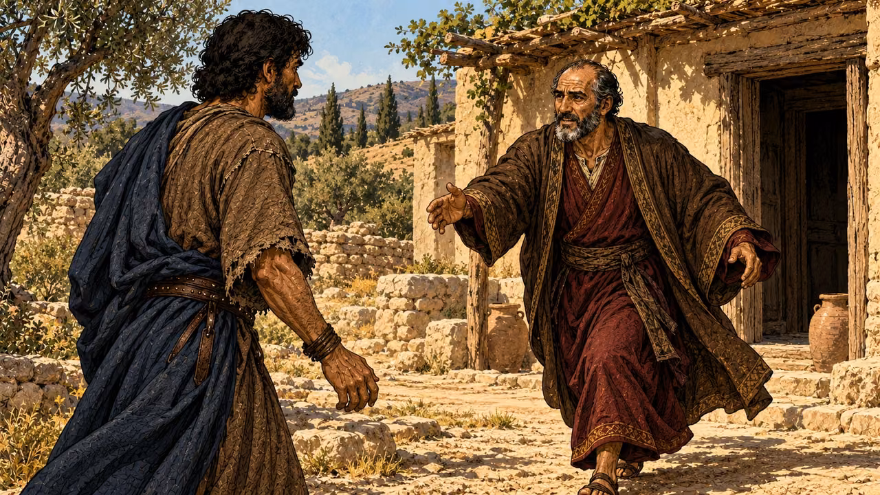 Laban hastens out to meet Jacob.
