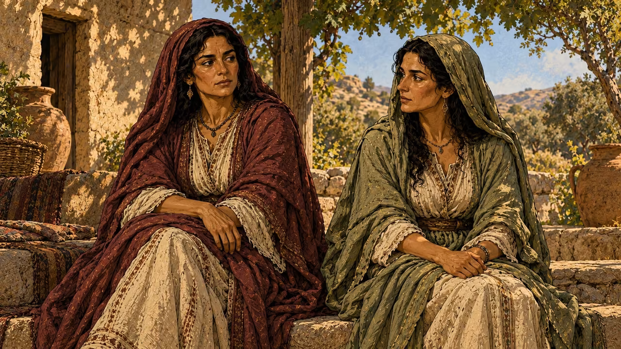 Leah in burgundy and Rachel in green sit together in their household.