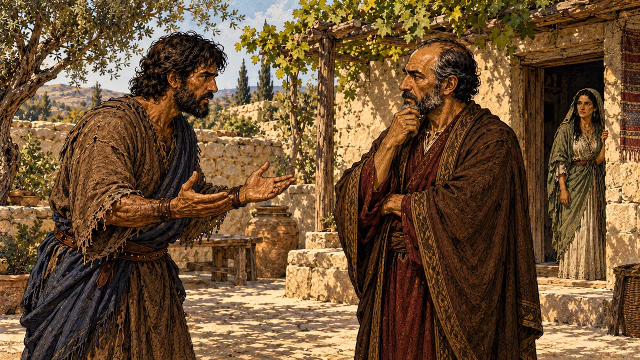 Jacob proposes seven years of service while Laban listens.