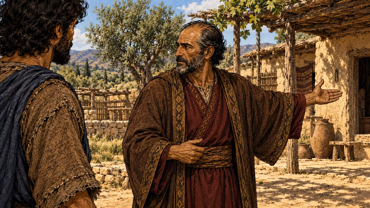 Laban answers Jacob and gestures toward his household.