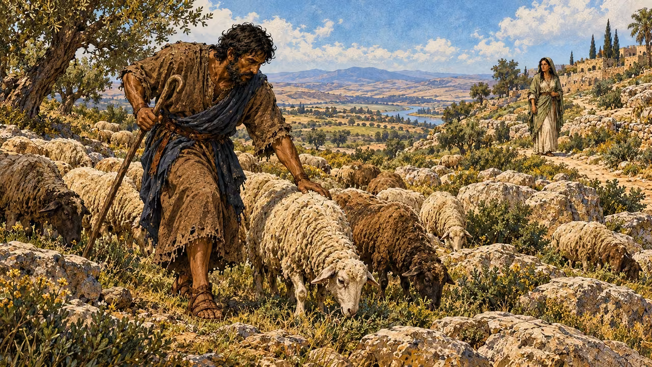 Jacob tends Laban’s sheep with Rachel visible in the distance.
