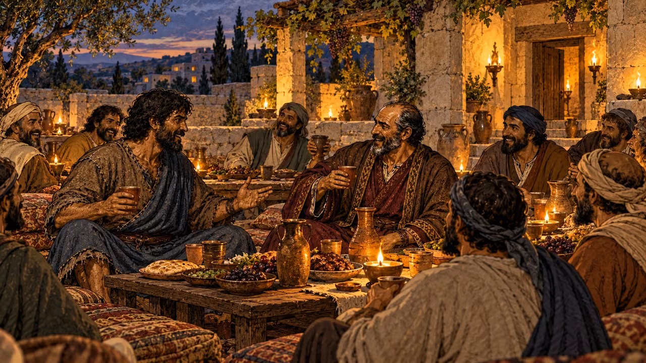 Laban and the men of the place gather for a feast.