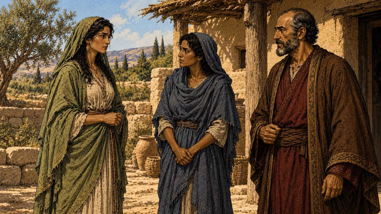 Rachel stands with the servant Bilhah as Laban addresses them.