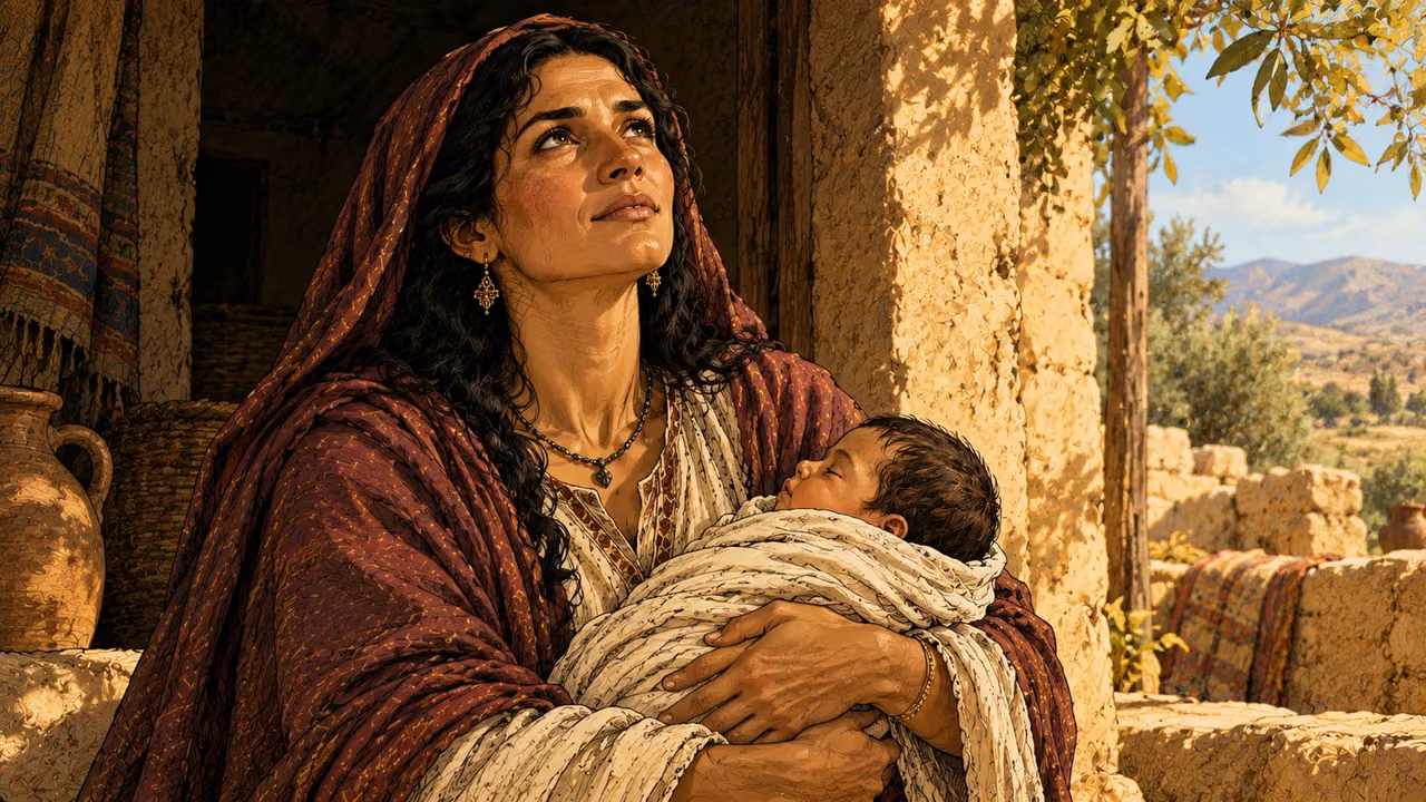 Leah holds newborn Judah and lifts her eyes in grateful praise.