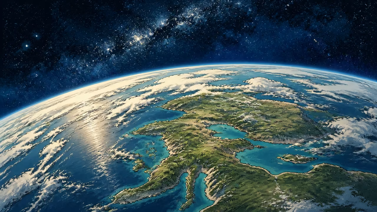 Graphic-novel view of a complete, ordered young earth beneath the created heavens.