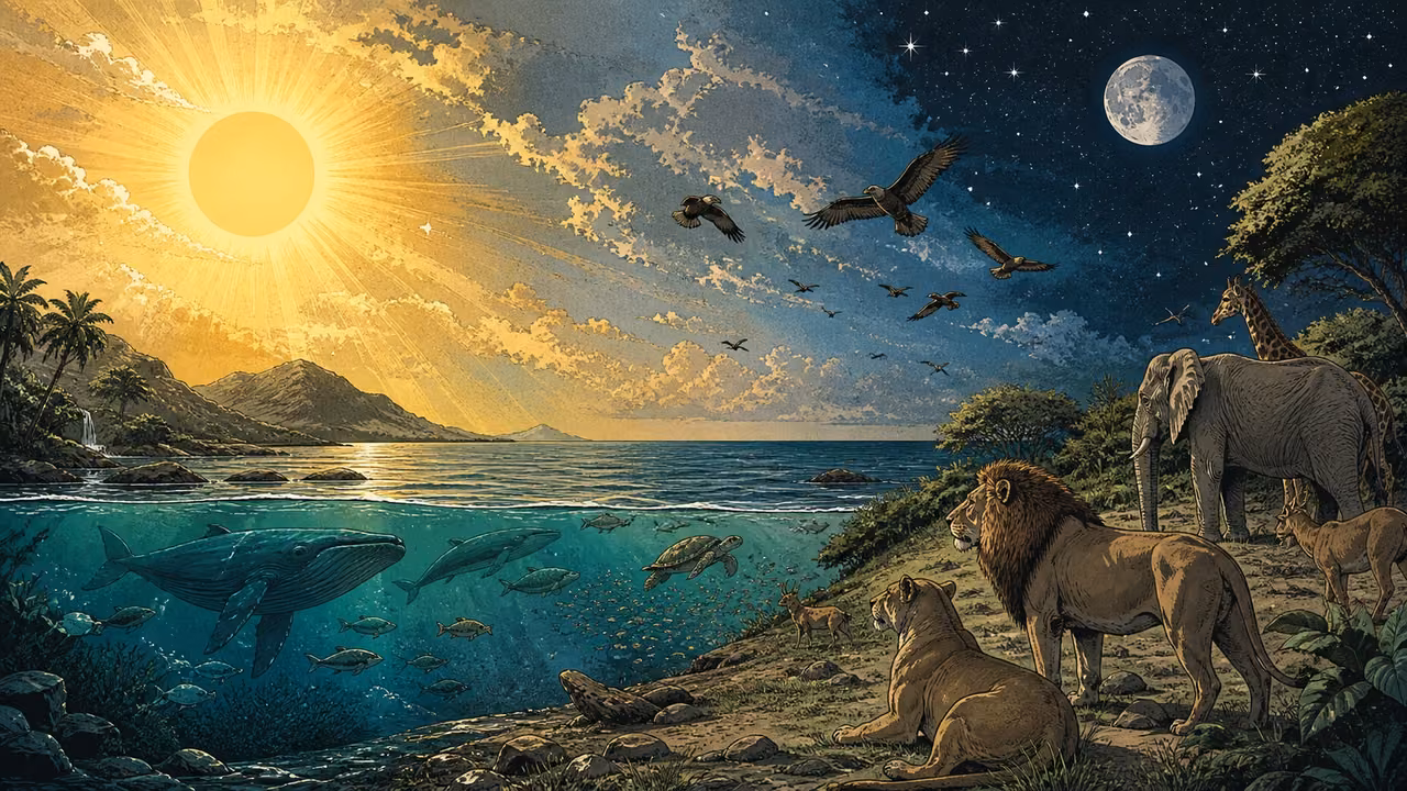 Graphic-novel panorama of sun, moon, birds, sea creatures, and land animals filling the ordered world.