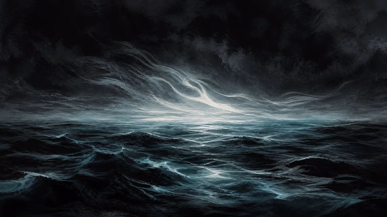 Graphic-novel view of the earth overwhelmed by dark waters while brightness moves over the deep.