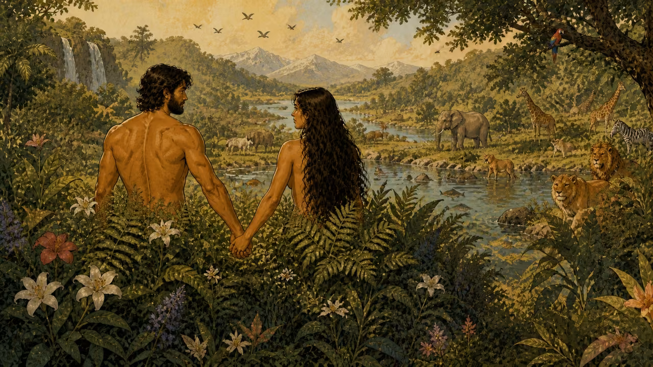 Graphic-novel rear view of bearded Adam and long-haired Eve walking hand in hand through a flourishing world, modestly framed by foliage.