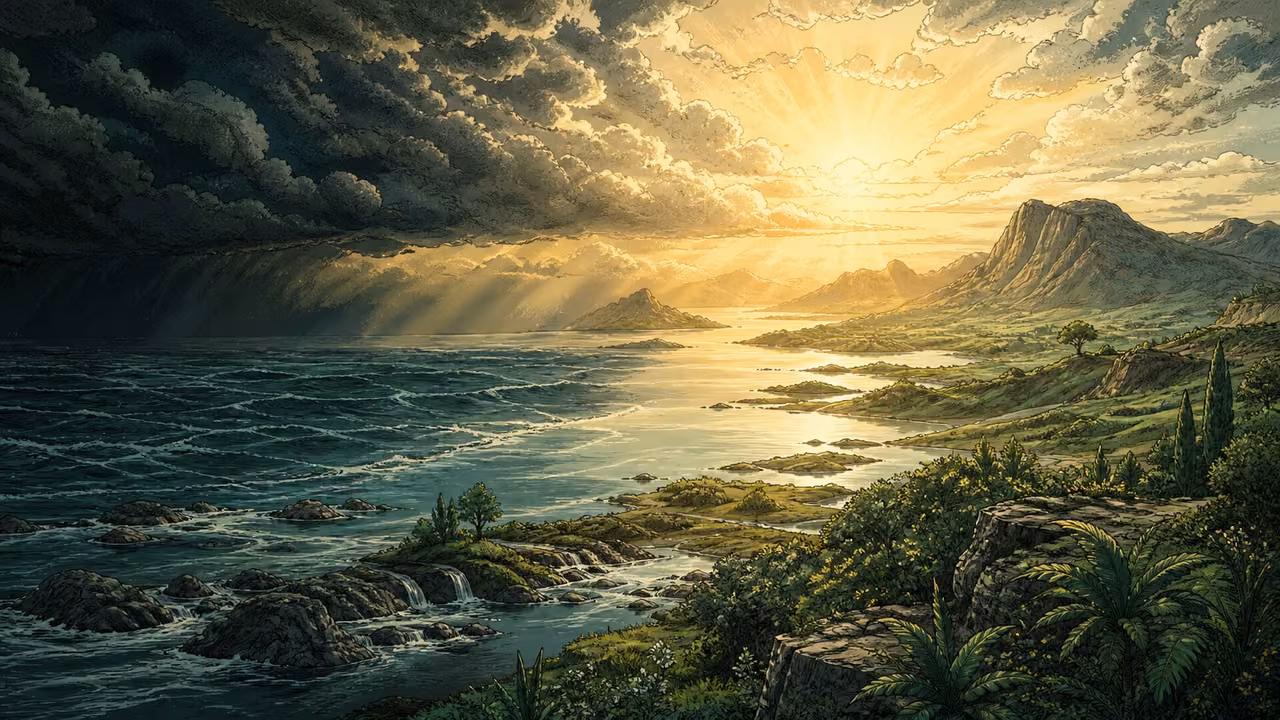 Graphic-novel landscape of light breaking over gathered seas, rising land, and new vegetation.