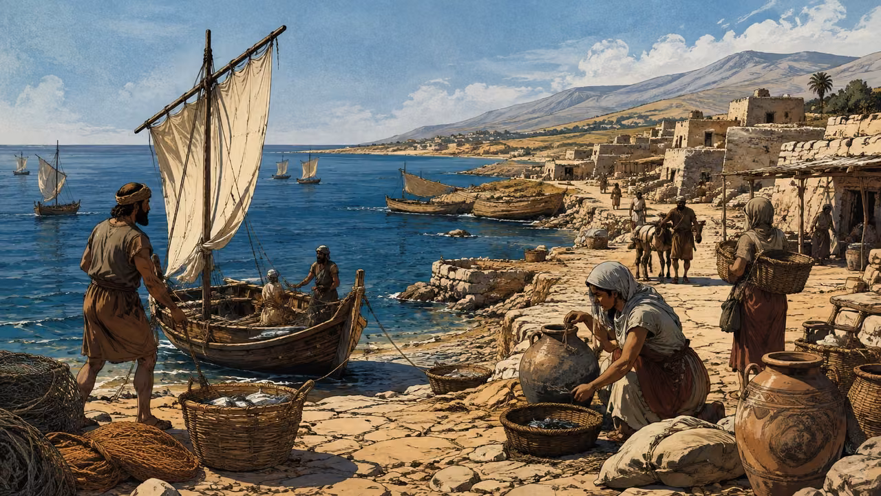 A coastal family preparing wooden vessels, a visual essay on the listed coastland peoples, no invented map or labels.