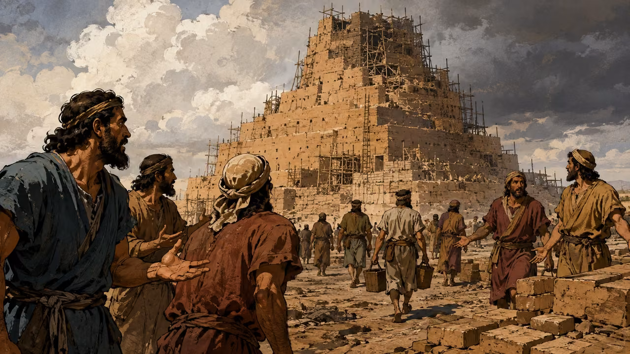 Workers leaving an unfinished mud-brick tower in separate groups, confused communication shown respectfully.
