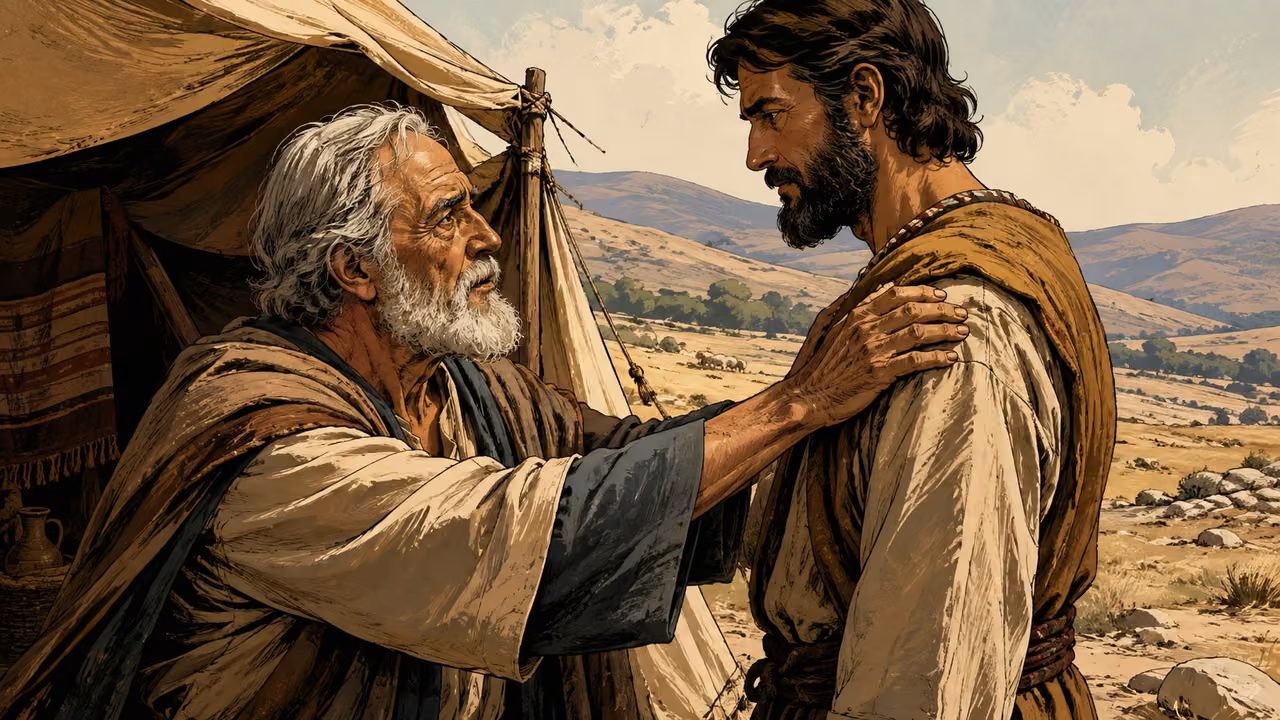An elderly father and adult son outside a pastoral tent, editorial representation of successive generations.