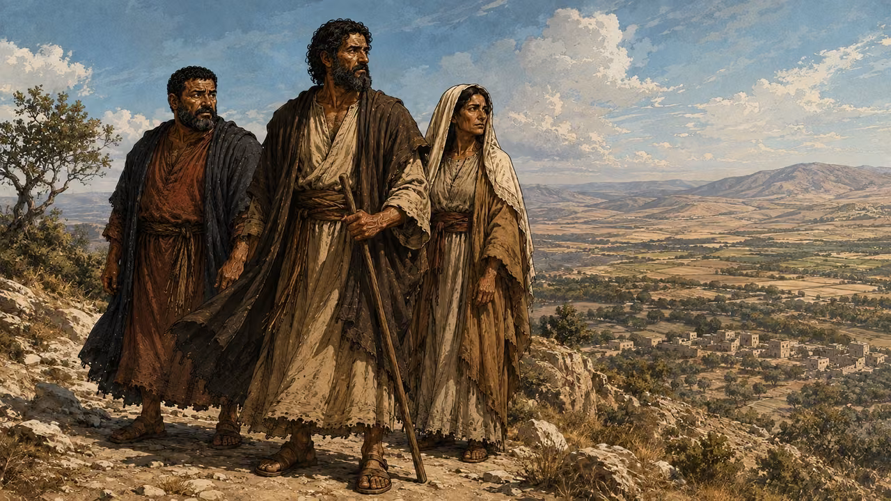 Abram leading the household along a ridge into Canaan.