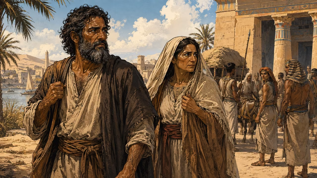 Abram and Sarai arriving at an Egyptian settlement during famine, apprehensive faces.