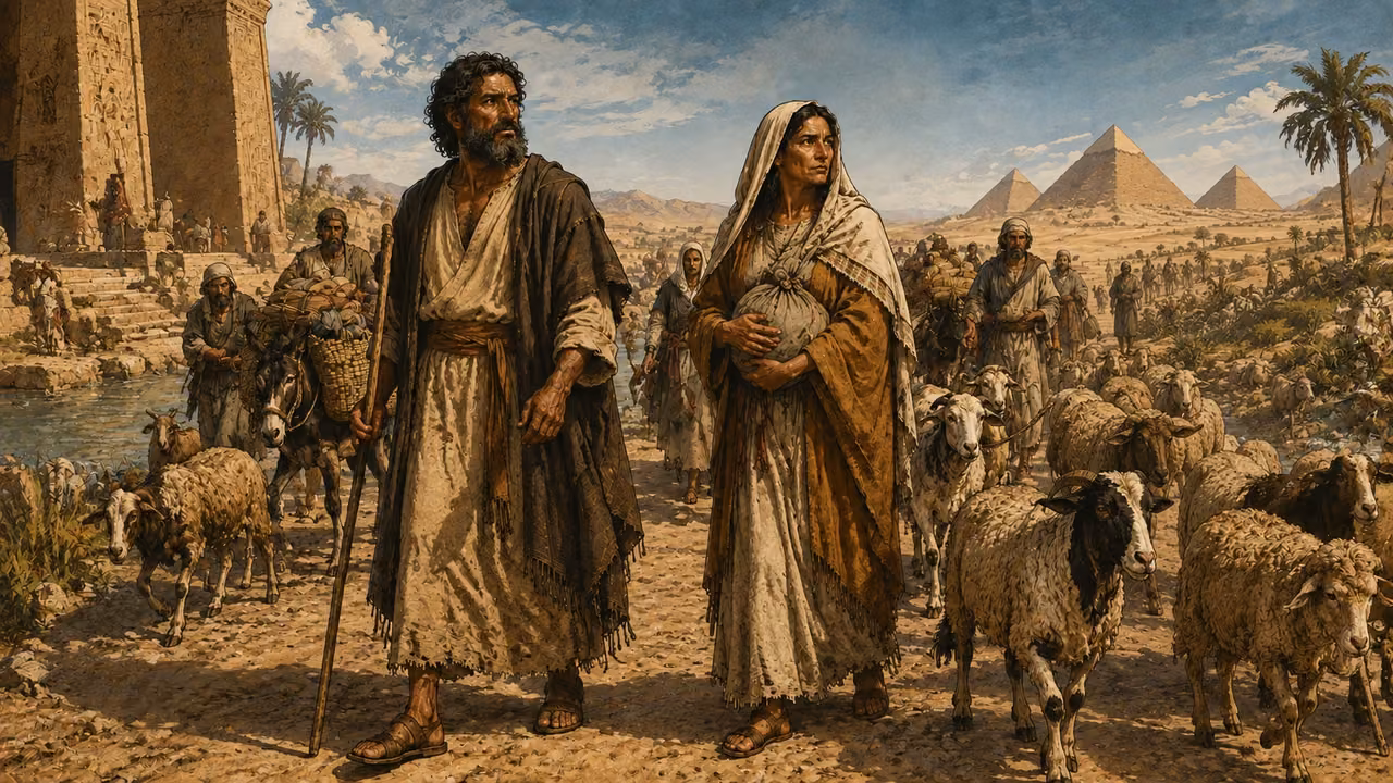 Abram and Sarai departing Egypt with their household and livestock.