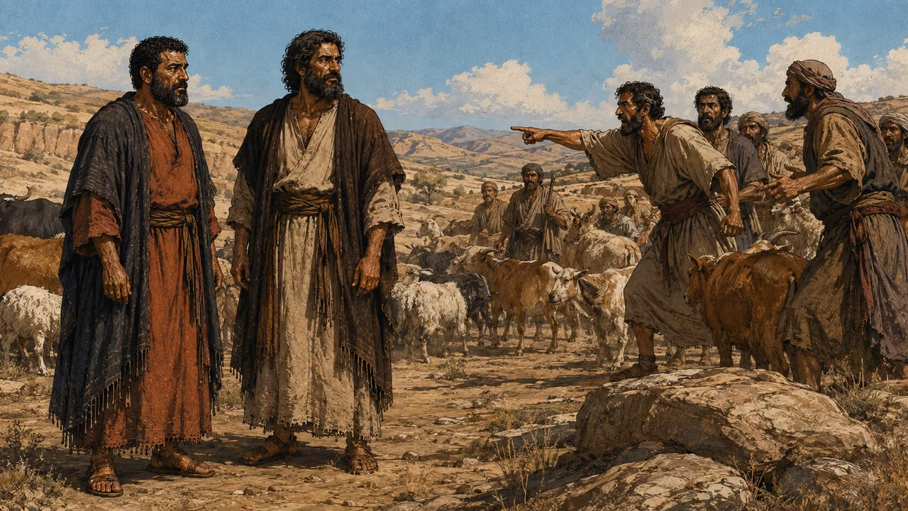 Abram and Lot watching their herdsmen dispute over scarce grazing.