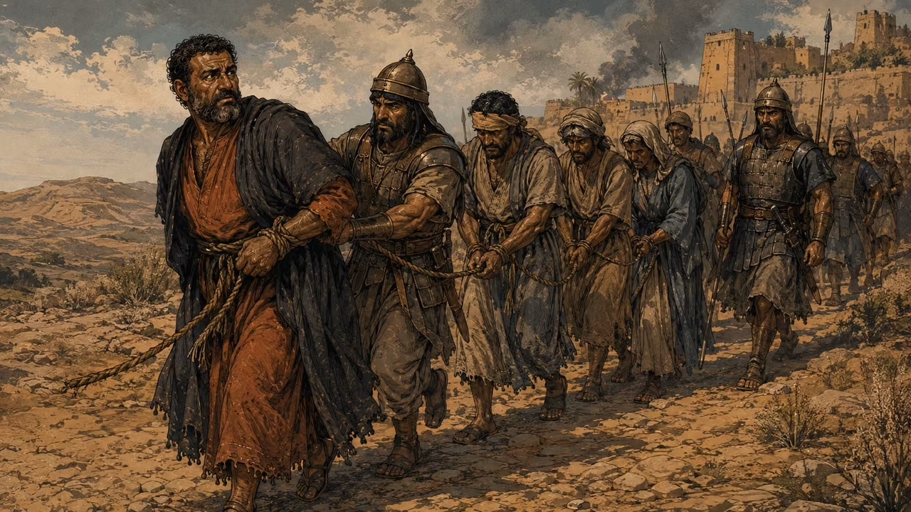 Lot led away with other captives after a battle, no graphic injury.